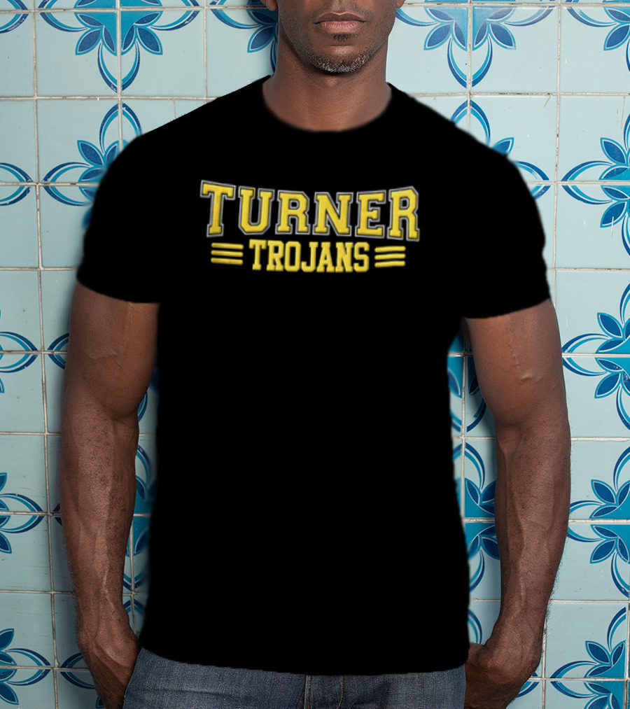 Turner Trojans Yellow Collegiate Varsity Lettering Horizontal Stripes T-Shirt