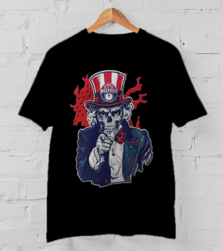 Washington Wizards Skeleton Uncle Sam Pointing Flames American Flag T-Shirt