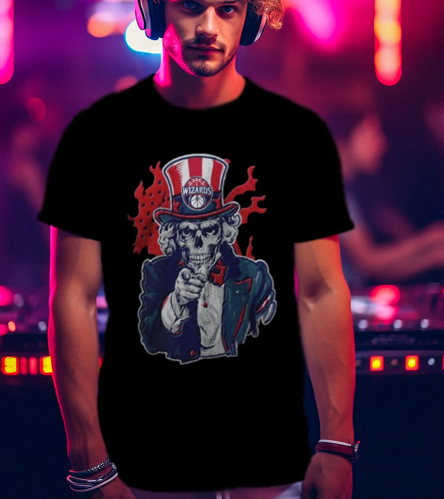 Washington Wizards Skeleton Uncle Sam Pointing Flames American Flag T-Shirt