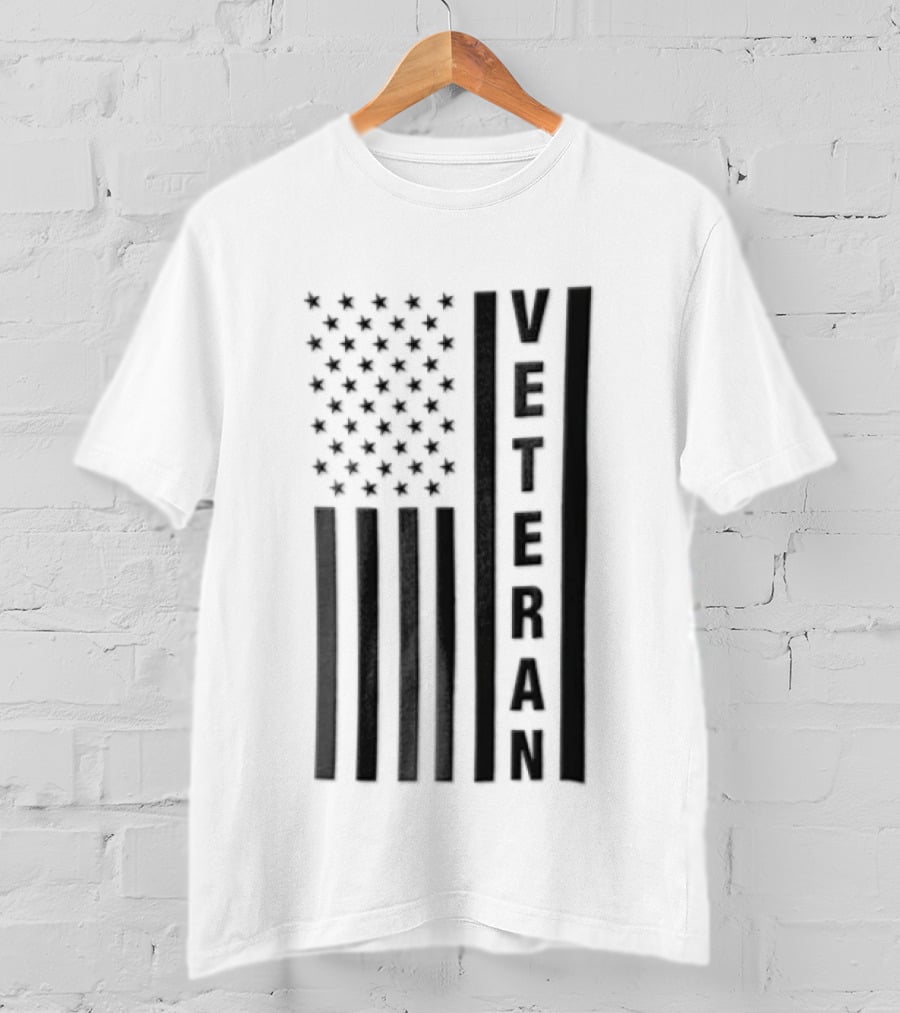 Veteran Vertical Monochrome US Flag Black Stars Stripes T-Shirt