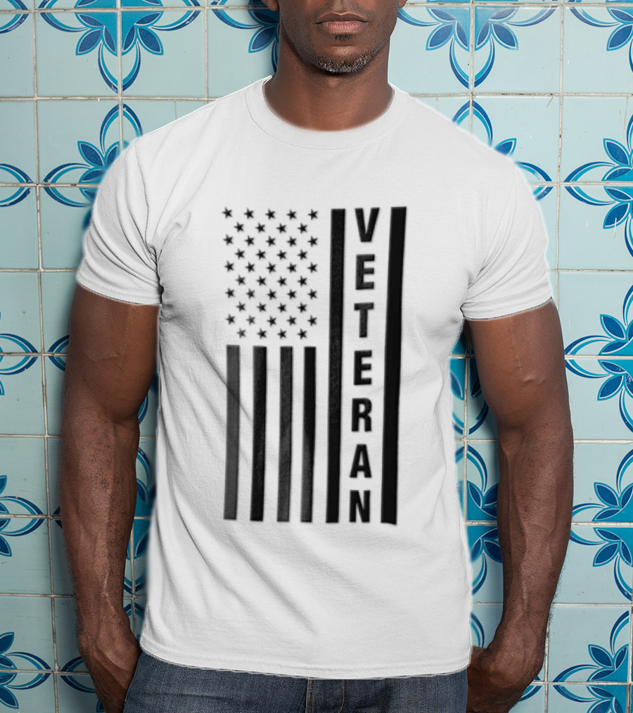 Veteran Vertical Monochrome US Flag Black Stars Stripes T-Shirt