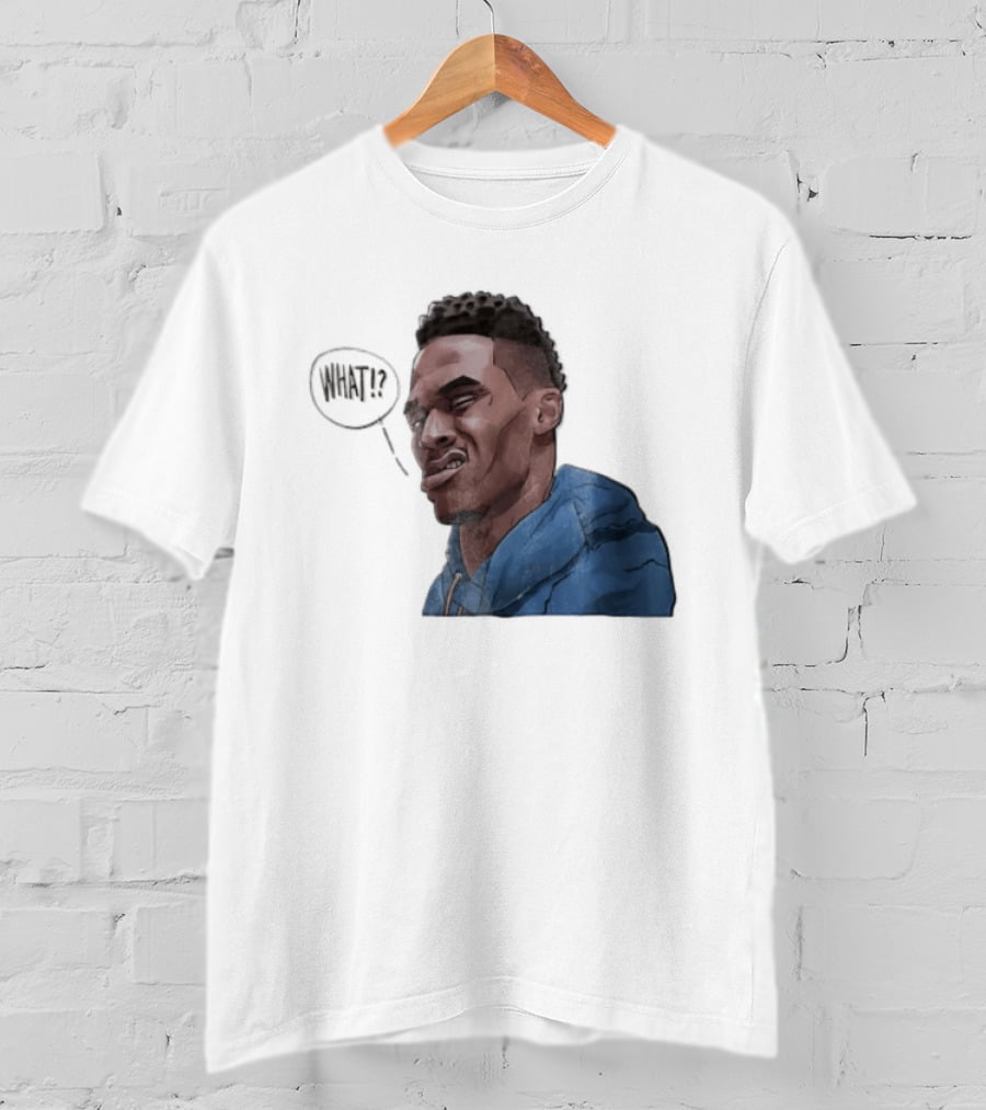 Russell Westbrook Cartoon Caricature Confused Face What Speech Bubble Blue T-Shirt