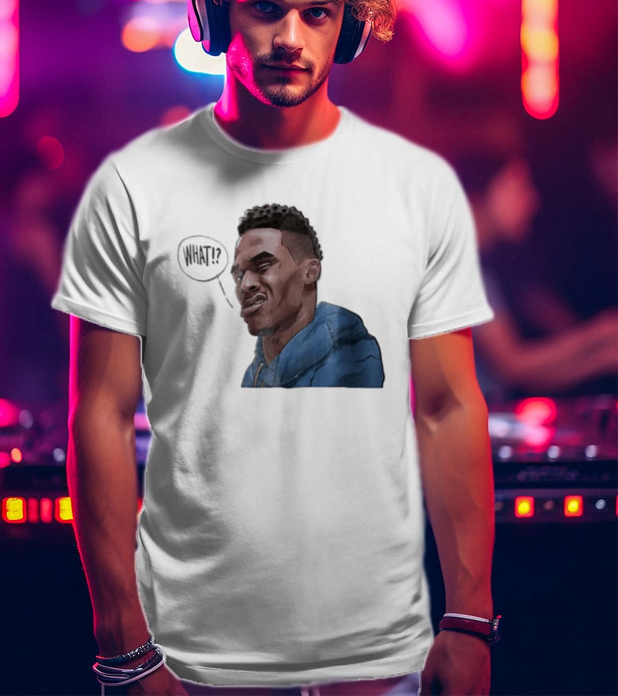Russell Westbrook Cartoon Caricature Confused Face What Speech Bubble Blue T-Shirt