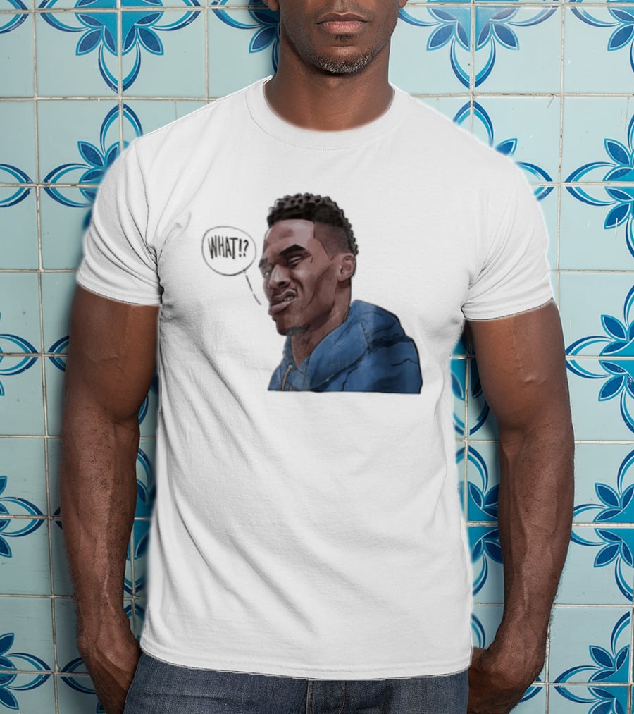 Russell Westbrook Cartoon Caricature Confused Face What Speech Bubble Blue T-Shirt