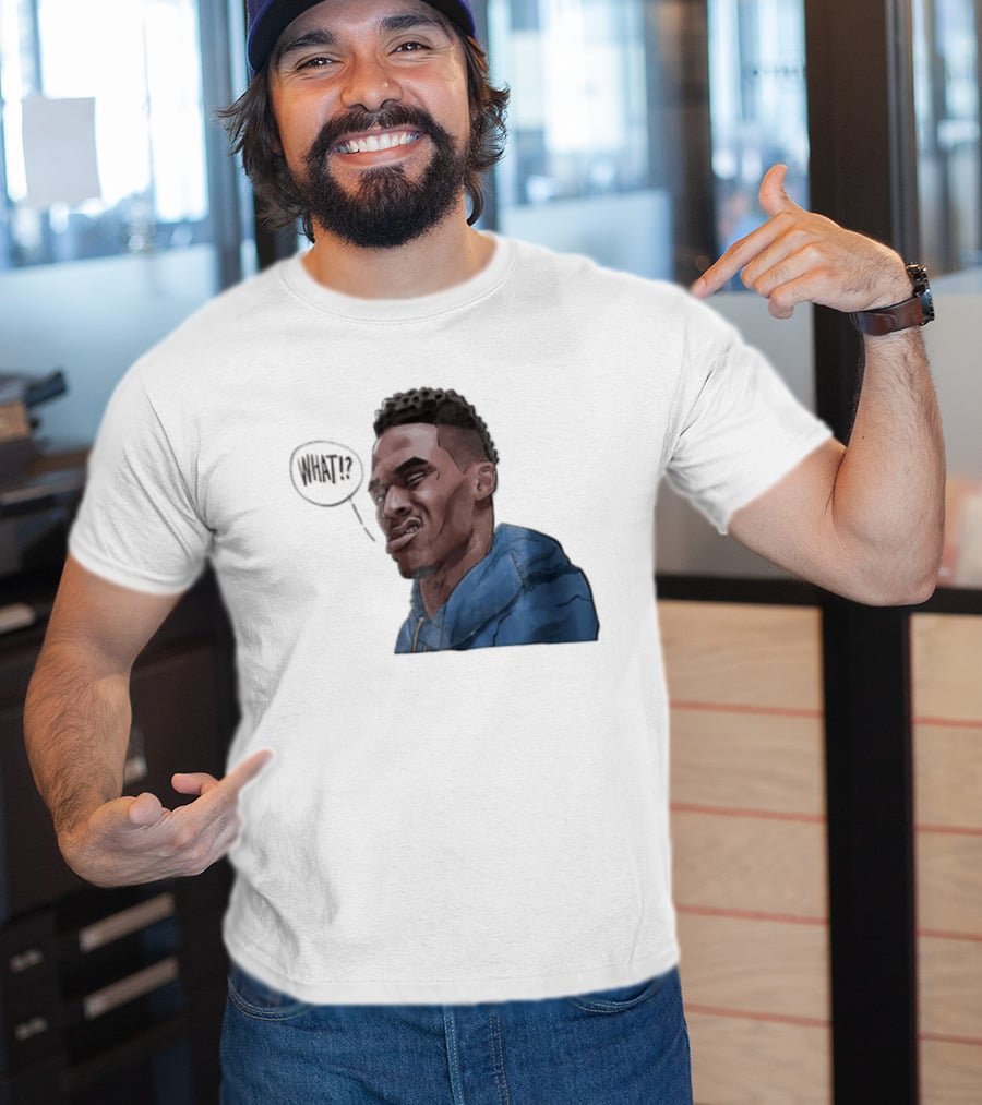 Russell Westbrook Cartoon Caricature Confused Face What Speech Bubble Blue T-Shirt