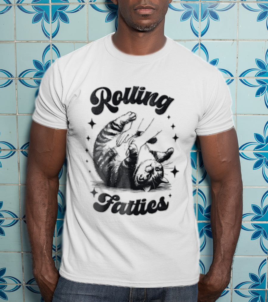 Rolling Fatties Chubby Tabby Cat Belly Rub Stars Line T-Shirt