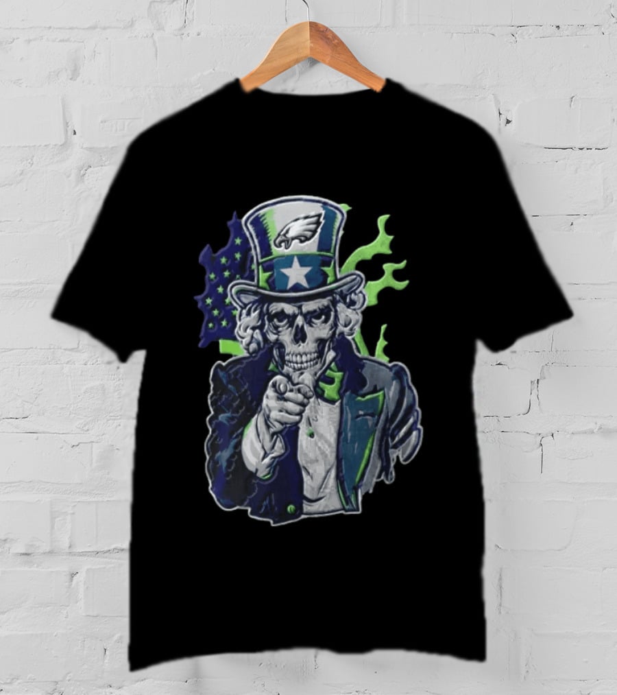 Philadelphia Eagles Uncle Sam Skull With Flag And Stars T-Shirt