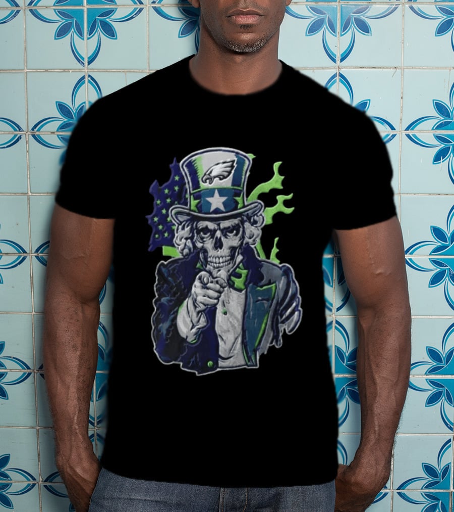 Philadelphia Eagles Uncle Sam Skull With Flag And Stars T-Shirt