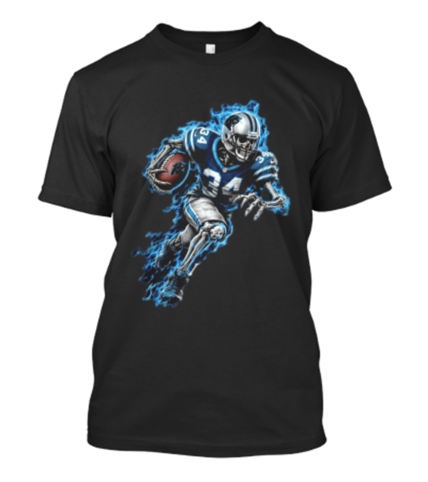 Carolina Panthers Skeleton Running Back 34 Blue Flames Football T-Shirt