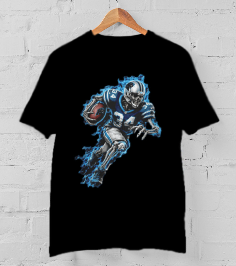 Carolina Panthers Skeleton Running Back 34 Blue Flames Football T-Shirt