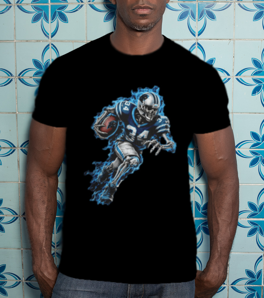 Carolina Panthers Skeleton Running Back 34 Blue Flames Football T-Shirt