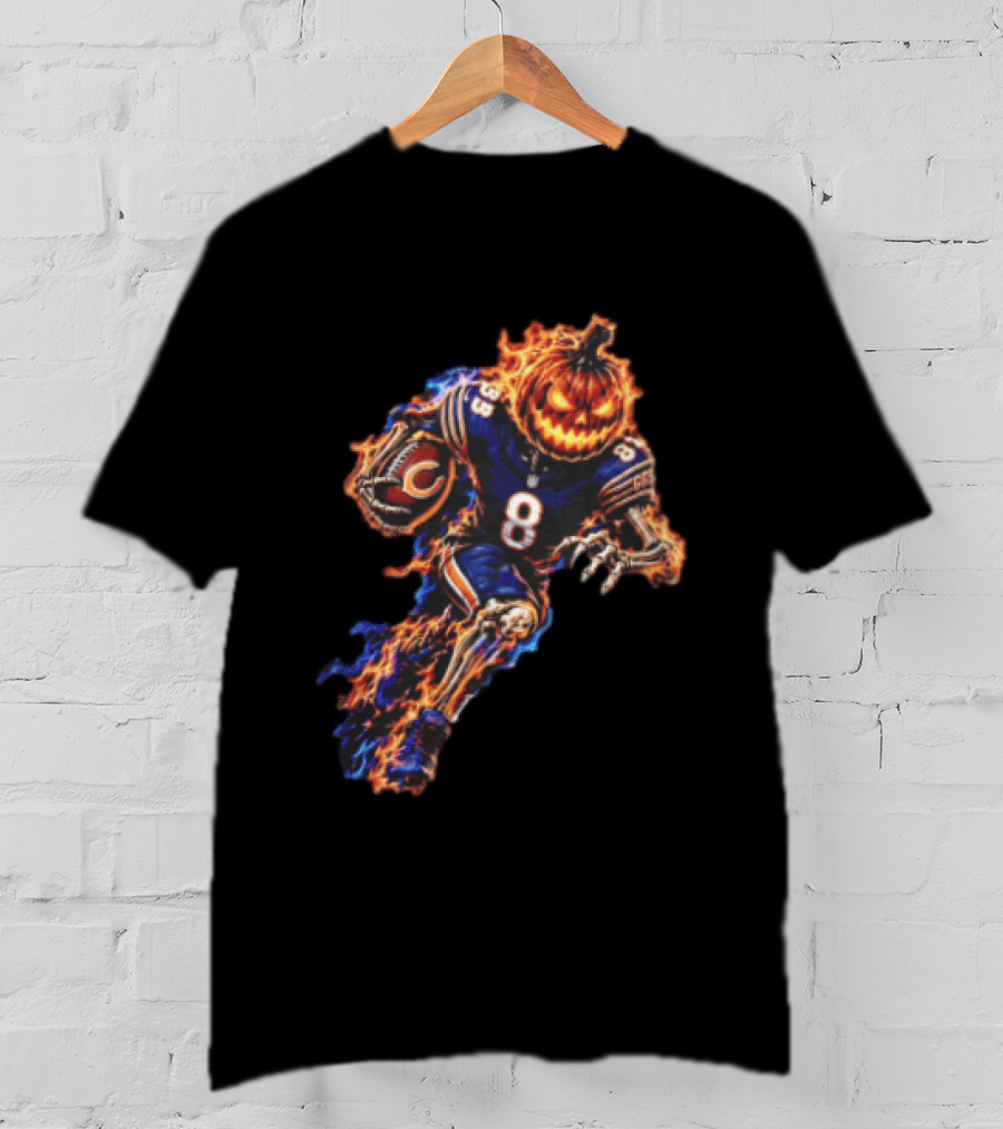 Chicago Bears Flaming Pumpkin Skeleton Football Running Halloween Scary Sports Fan T-Shirt