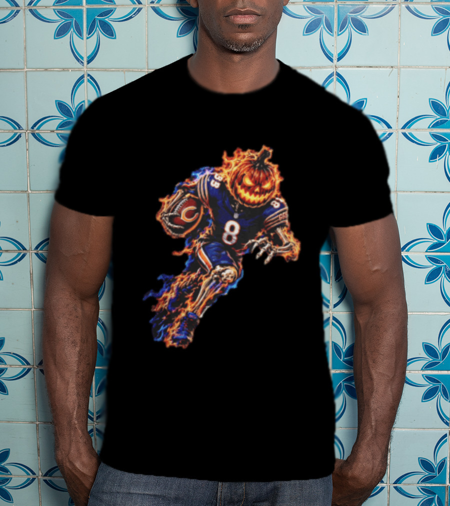 Chicago Bears Flaming Pumpkin Skeleton Football Running Halloween Scary Sports Fan T-Shirt