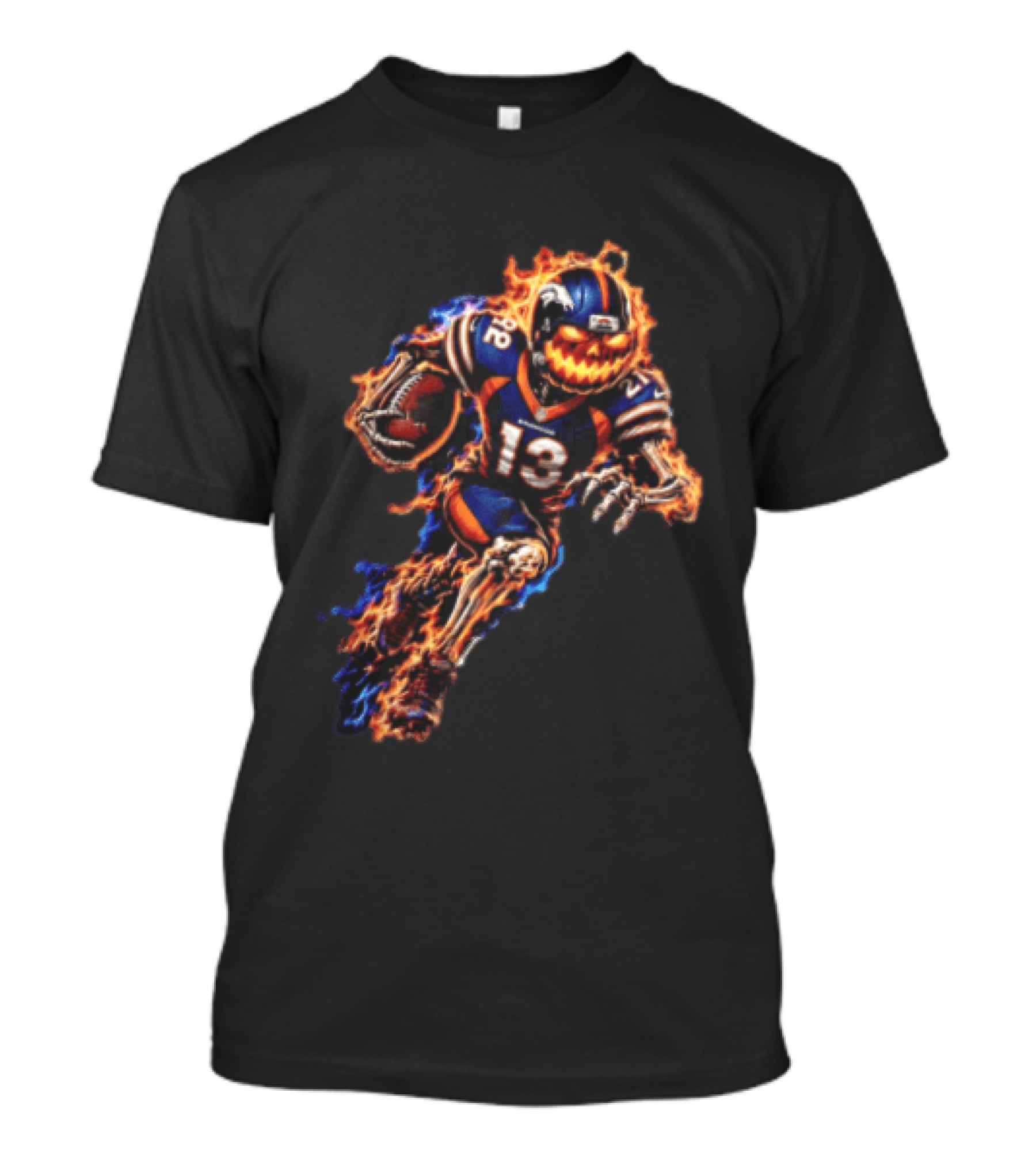 Denver Broncos Fiery Pumpkin Head Skeleton Football Player T-Shirt