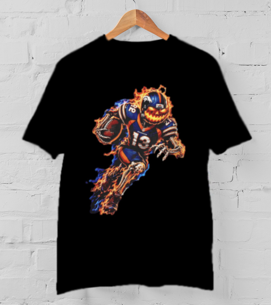 Denver Broncos Fiery Pumpkin Head Skeleton Football Player T-Shirt