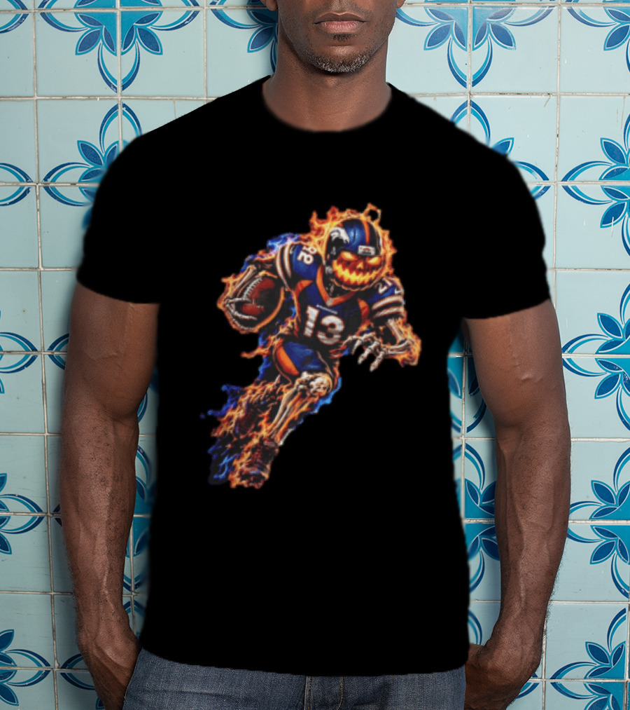 Denver Broncos Fiery Pumpkin Head Skeleton Football Player T-Shirt