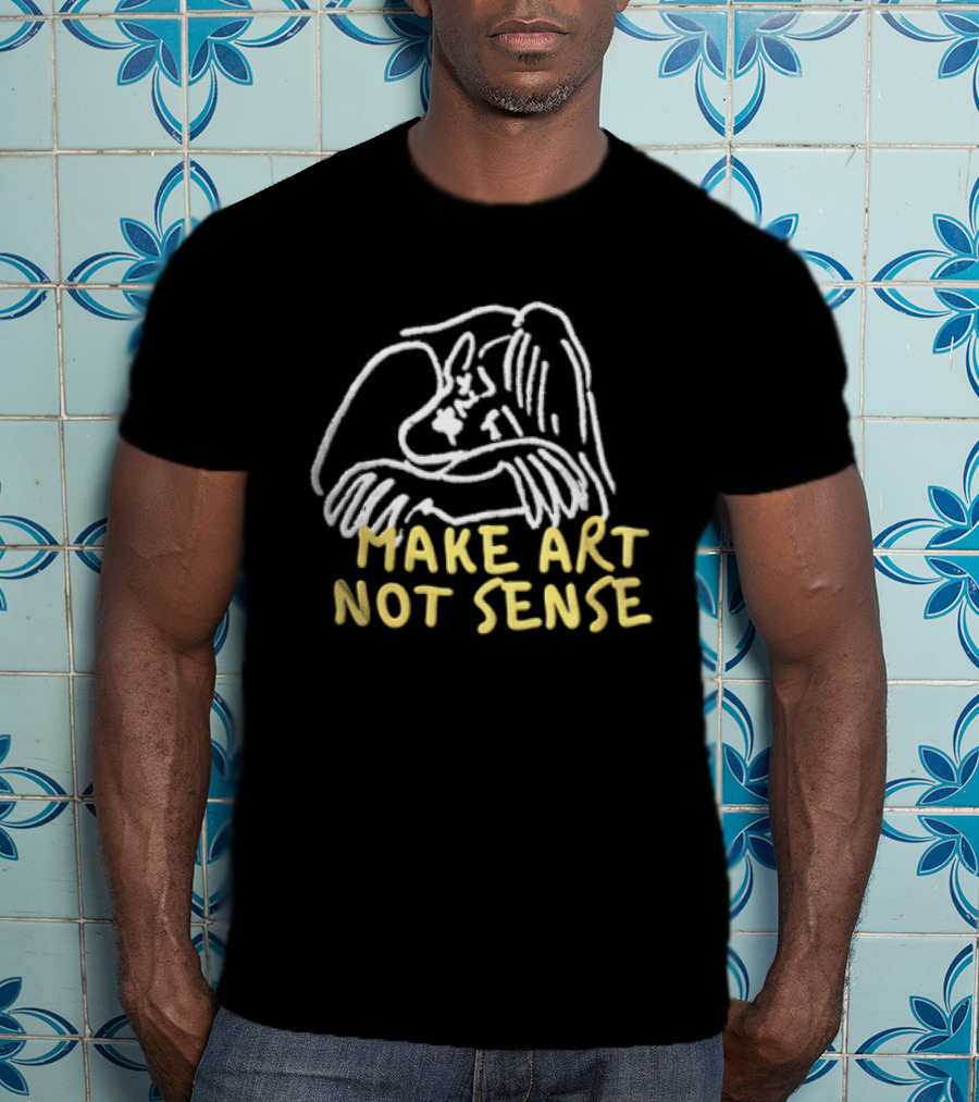 Make Art Not Sense White Line Figure Hugging Knees T-Shirt