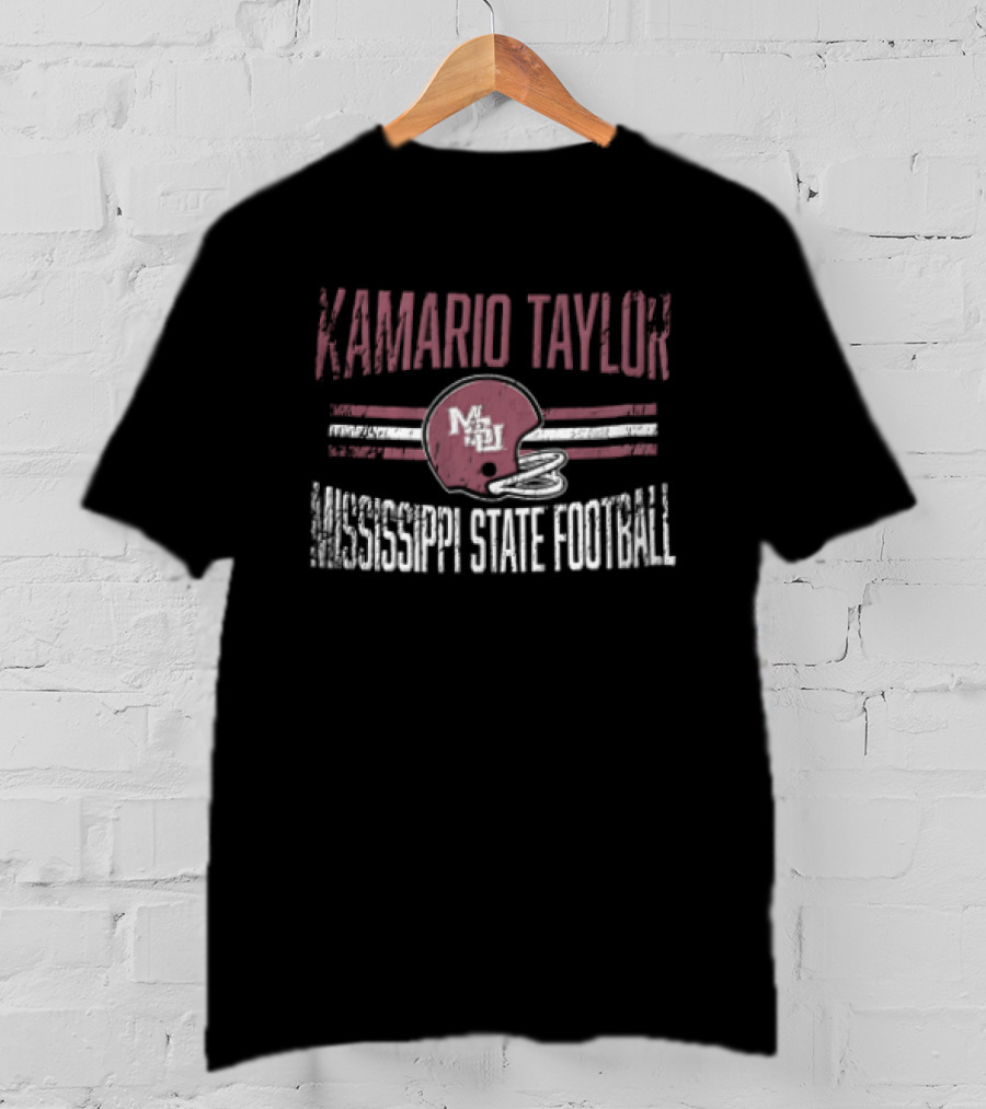 Kamario Taylor Mississippi State Bulldogs NCAA Football Distressed Helmet Horizontal Stripes T-Shirt