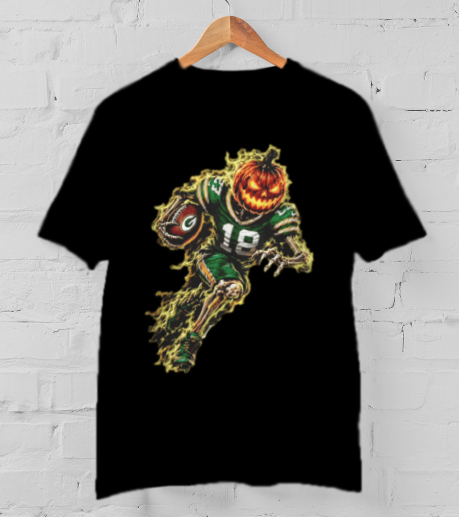 Green Bay Packers Halloween Pumpkin Head Skeleton Football Player Running T-Shirt