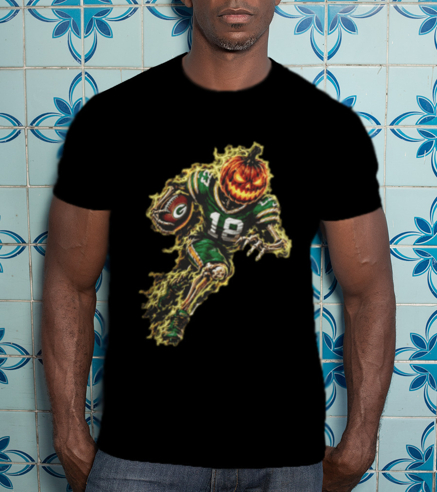 Green Bay Packers Halloween Pumpkin Head Skeleton Football Player Running T-Shirt
