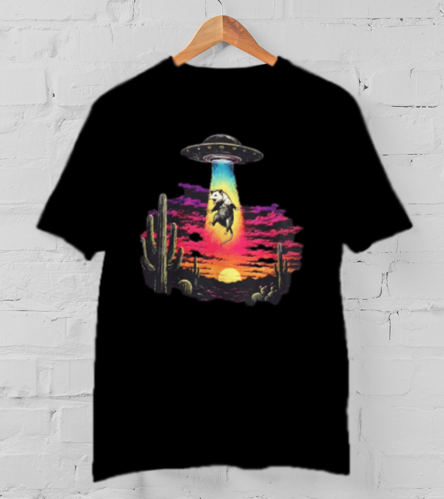 UFO Opossum Abduction In Desert Sunset Scene With Cacti And Colorful Sky T-Shirt