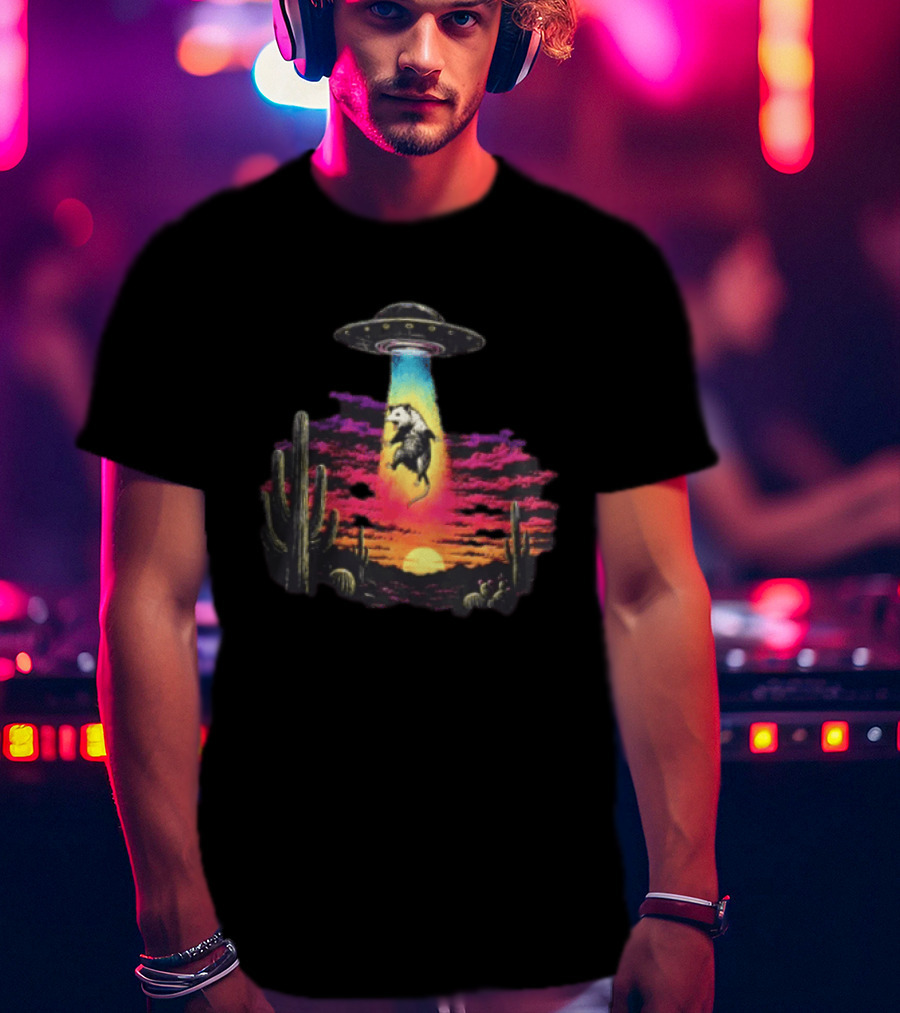 UFO Opossum Abduction In Desert Sunset Scene With Cacti And Colorful Sky T-Shirt