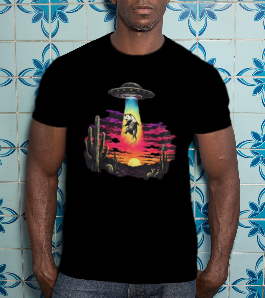 UFO Opossum Abduction In Desert Sunset Scene With Cacti And Colorful Sky T-Shirt
