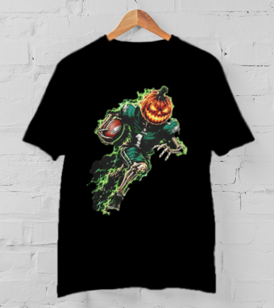 Philadelphia Eagles Pumpkin Head Skeleton Player Green Flames Football T-Shirt