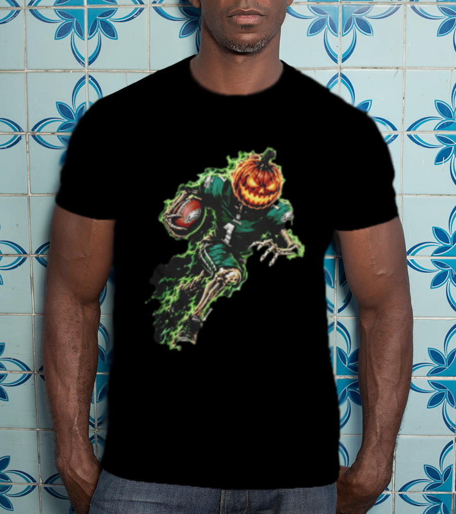 Philadelphia Eagles Pumpkin Head Skeleton Player Green Flames Football T-Shirt