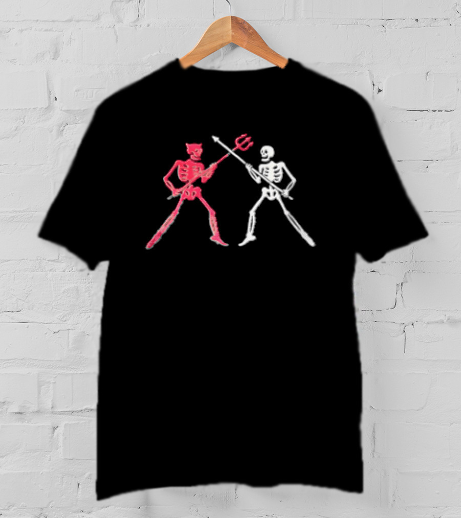 Red Horned Devil And White Skeleton Dueling With Spear And Trident Line T-Shirt