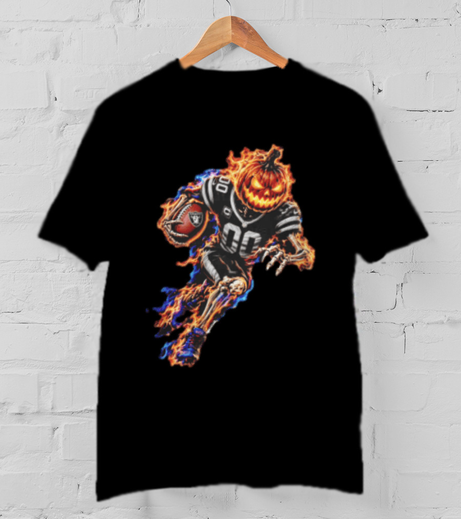 Las Vegas Raiders Flaming Pumpkin Skeleton Football Player Halloween T-Shirt