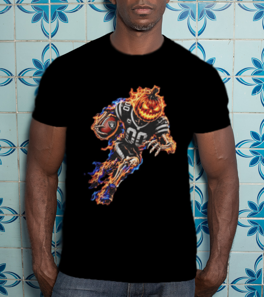 Las Vegas Raiders Flaming Pumpkin Skeleton Football Player Halloween T-Shirt