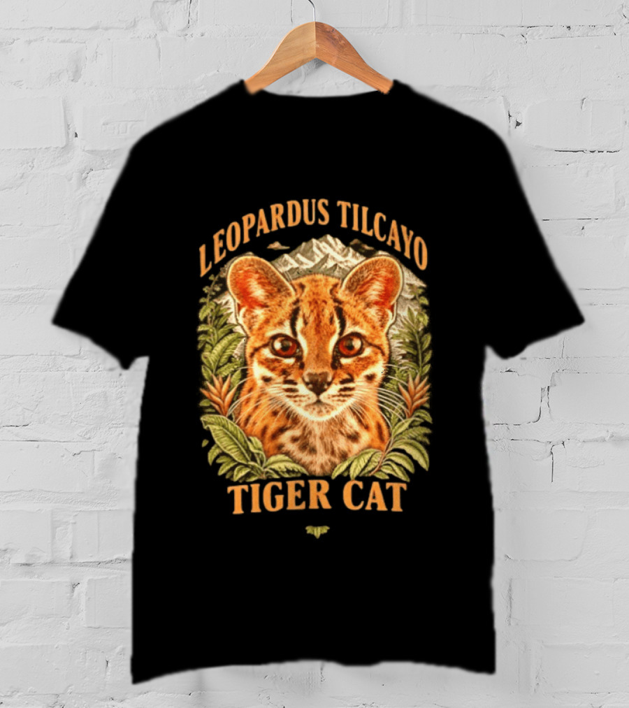 Leopardus Tilcayo Tiger Cat Wildlife Art With Foliage And Mountain T-Shirt
