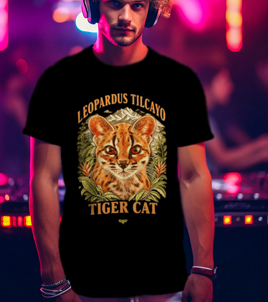 Leopardus Tilcayo Tiger Cat Wildlife Art With Foliage And Mountain T-Shirt