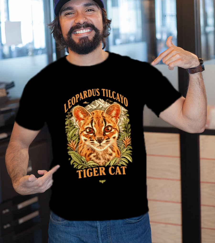 Leopardus Tilcayo Tiger Cat Wildlife Art With Foliage And Mountain T-Shirt