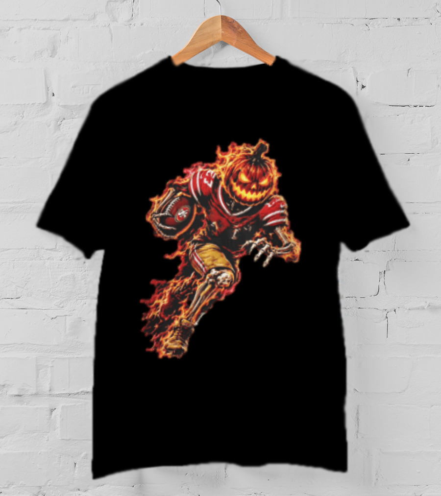 San Francisco 49ers Halloween Fiery Pumpkin Head Skeleton Football Player T-Shirt
