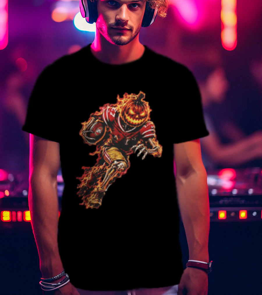 San Francisco 49ers Halloween Fiery Pumpkin Head Skeleton Football Player T-Shirt
