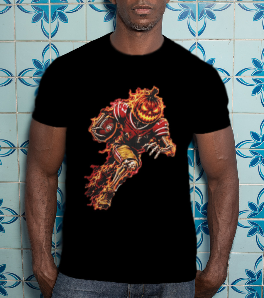 San Francisco 49ers Halloween Fiery Pumpkin Head Skeleton Football Player T-Shirt