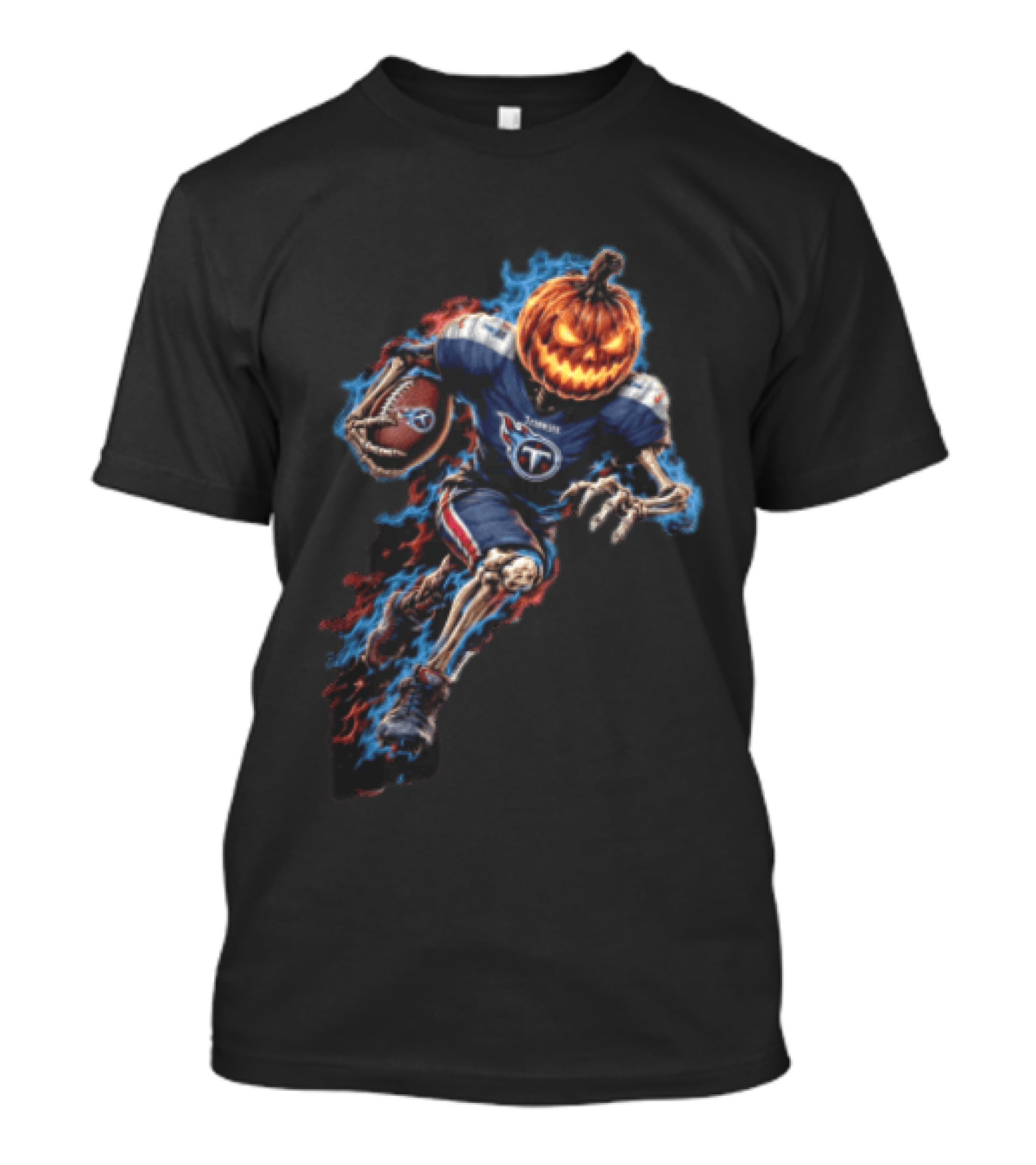 Tennessee Titans Pumpkin Head Skeleton Football Player Blue Flames Halloween NFL T-Shirt