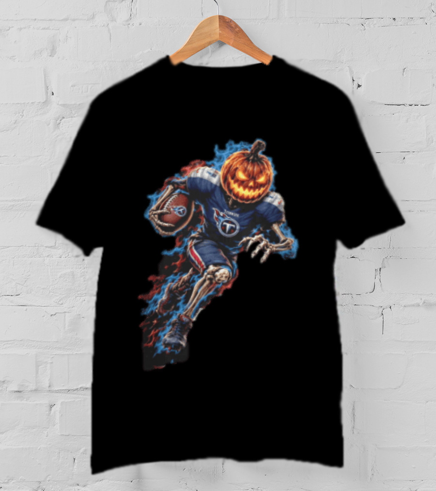 Tennessee Titans Pumpkin Head Skeleton Football Player Blue Flames Halloween NFL T-Shirt
