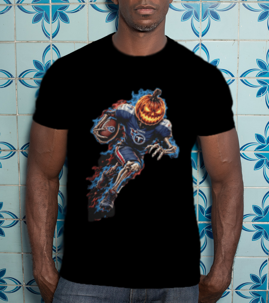 Tennessee Titans Pumpkin Head Skeleton Football Player Blue Flames Halloween NFL T-Shirt
