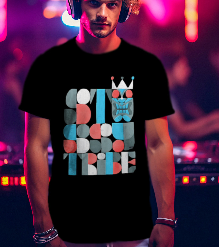 Tribe Crowned Tiki Mask Geometric Color Block T-Shirt