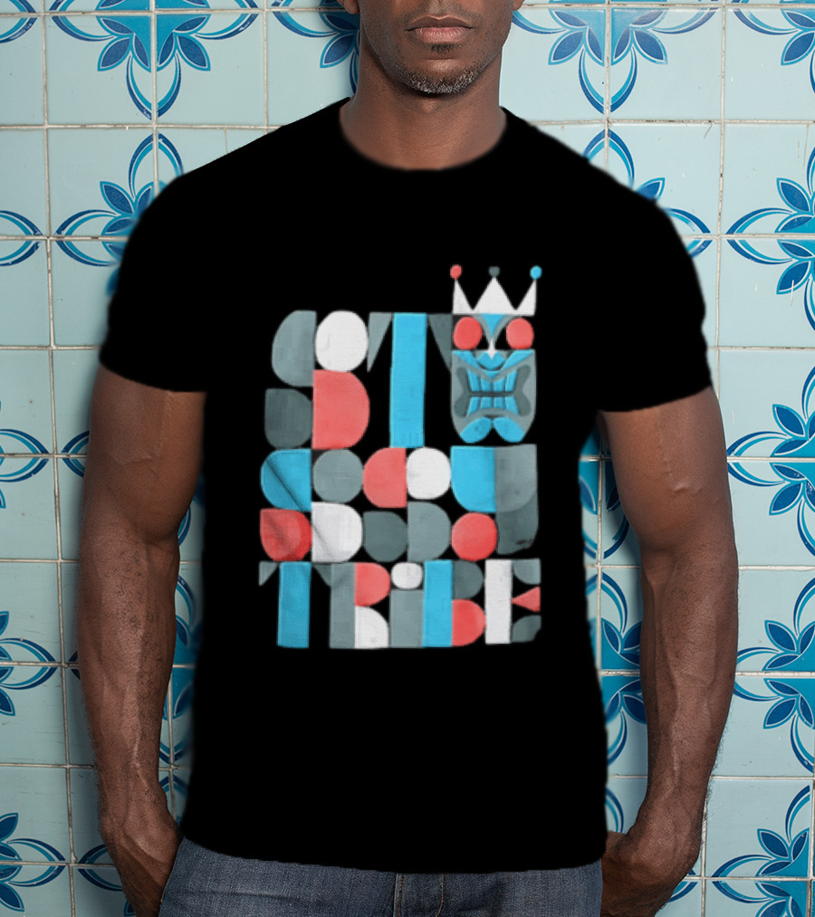 Tribe Crowned Tiki Mask Geometric Color Block T-Shirt