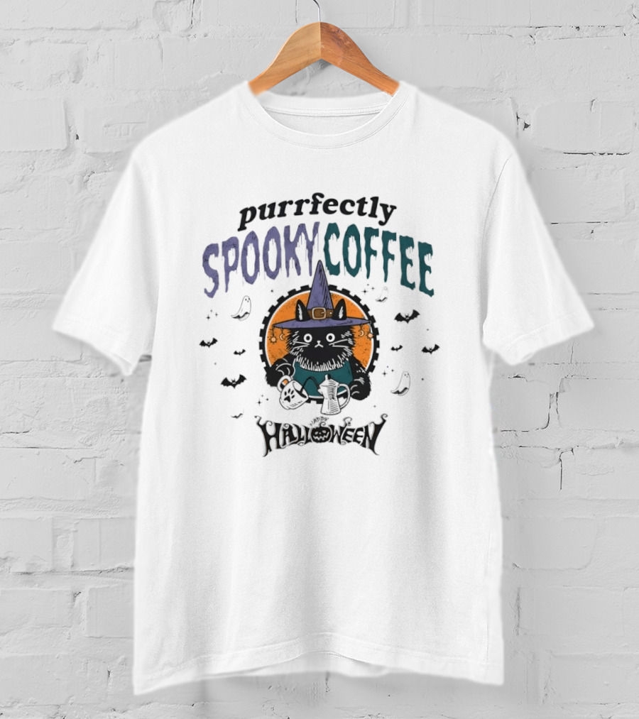 Purrfectly Spooky Coffee Witch Cat Halloween T-Shirt