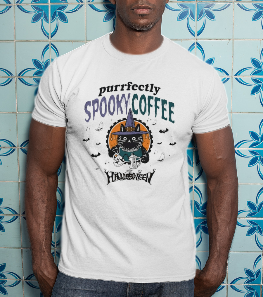 Purrfectly Spooky Coffee Witch Cat Halloween T-Shirt