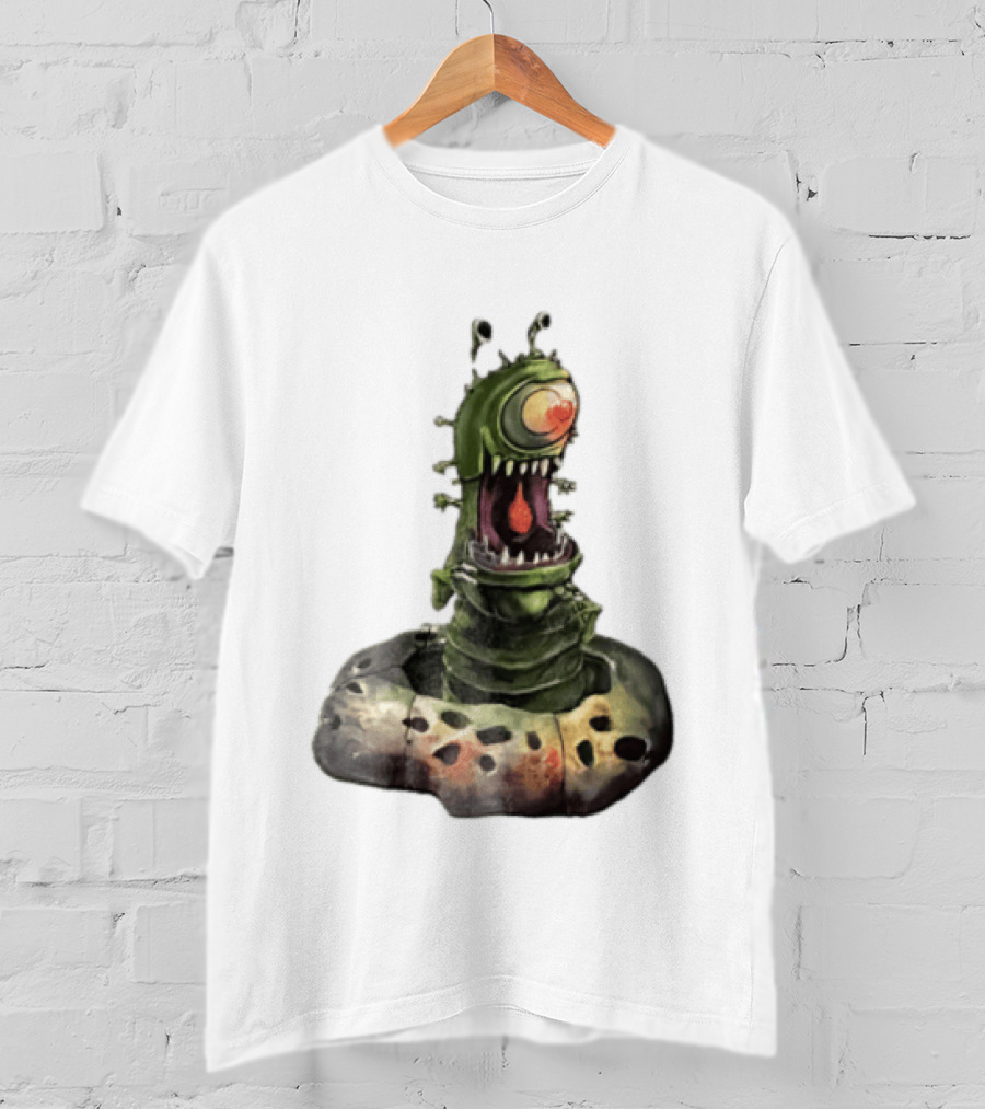 Cartoon Monstrous One Eyed Green Creature Emerging From Ground Hole T-Shirt
