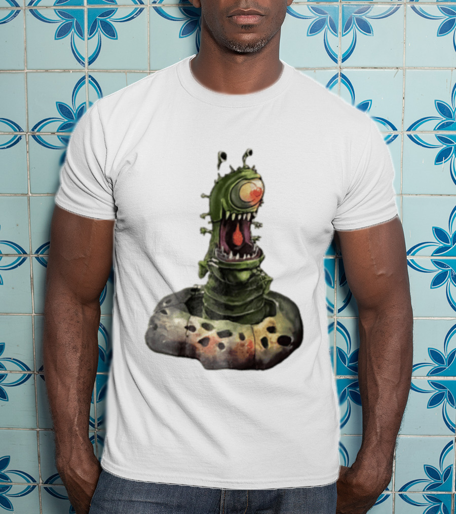 Cartoon Monstrous One Eyed Green Creature Emerging From Ground Hole T-Shirt