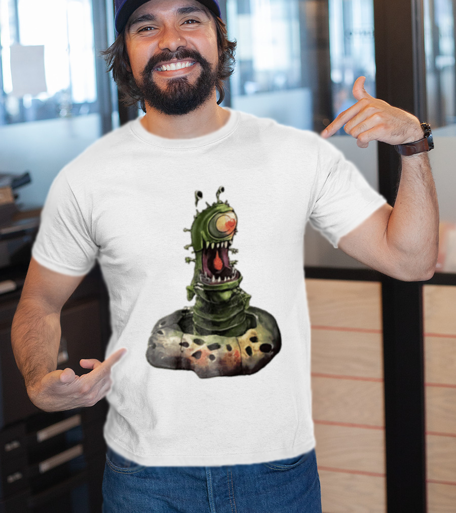 Cartoon Monstrous One Eyed Green Creature Emerging From Ground Hole T-Shirt