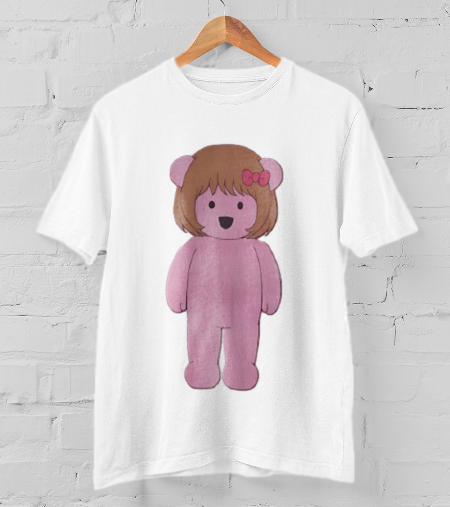 Cartoon Pink Bear With Brown Bob Haircut And Red Ribbon Bow T-Shirt