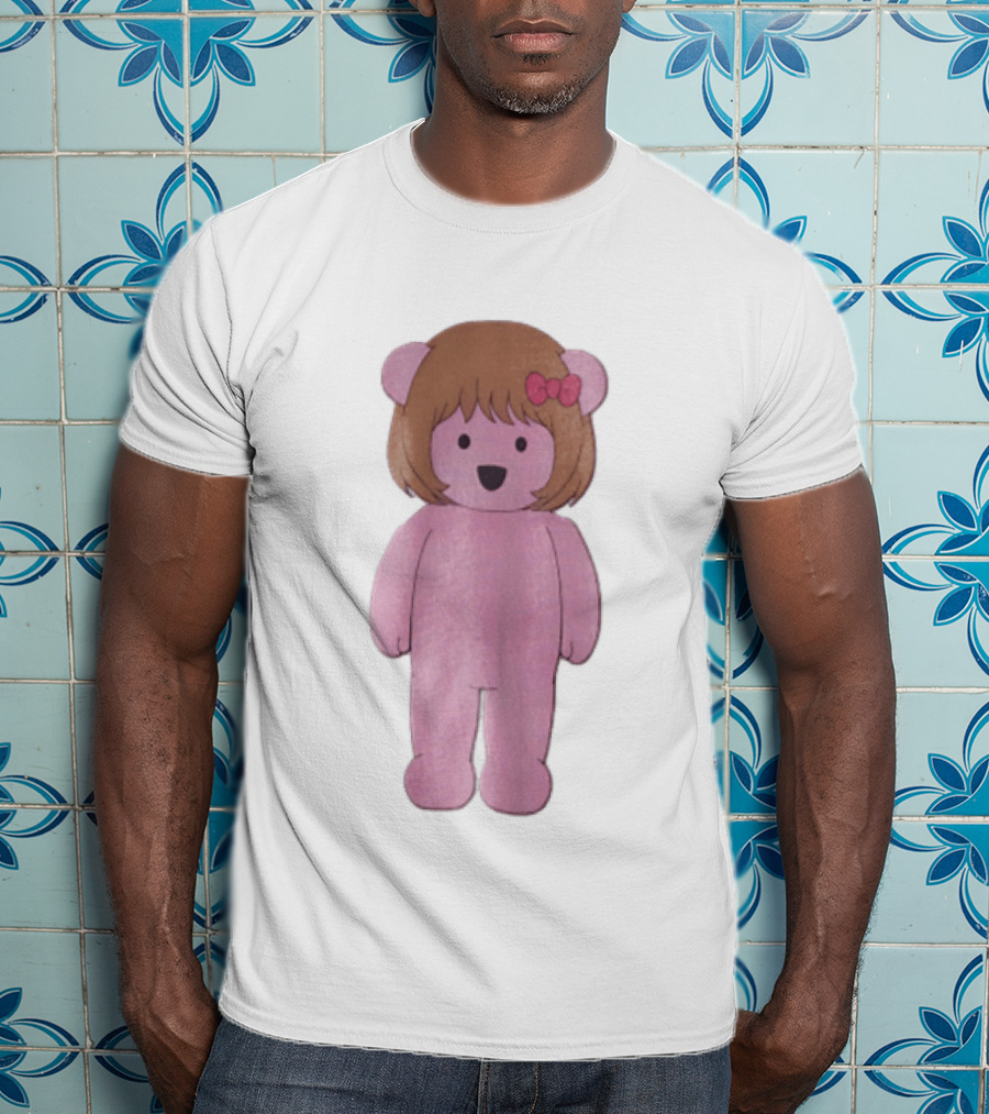 Cartoon Pink Bear With Brown Bob Haircut And Red Ribbon Bow T-Shirt